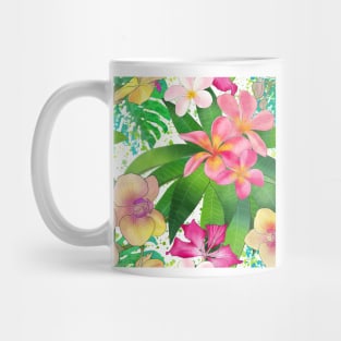 Tropical flowers and leaves watercolor summer print. Plumeria, Orchids, Bauhinia vibrant exotic flowers Mug